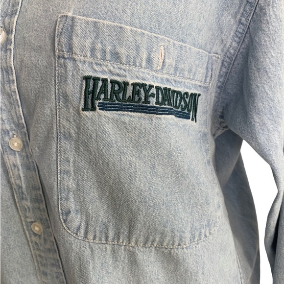 Harley Davidson Denim Shirt button down light wash long sleeve pocket men small - Picture 5 of 11